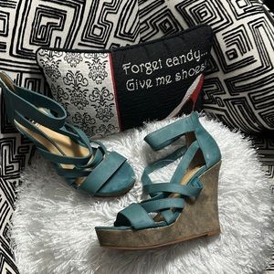 BC, Teal, Leather, 4.5”wedge, worn once, size 9